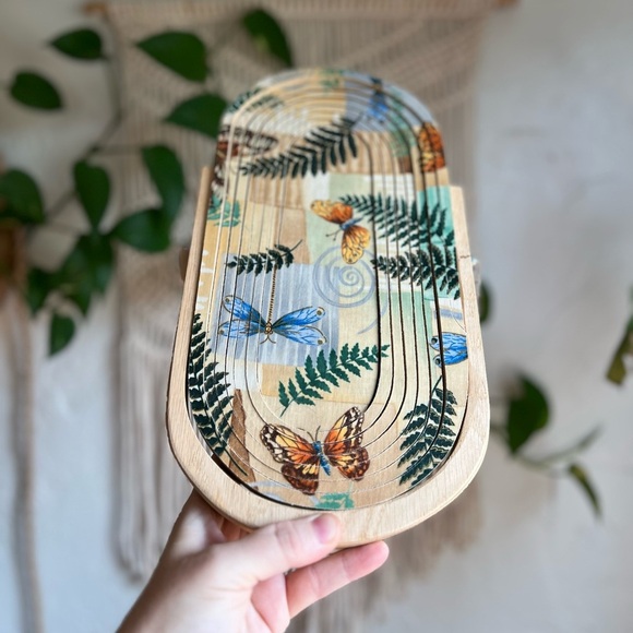 Folding Wooden Basket 12x6” – Butterfly Fern Boho Tray Rustic Cottagecore Decor - Picture 3 of 11